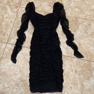 Fashion Nova Black Ruched Long Sleeve Midi Dress